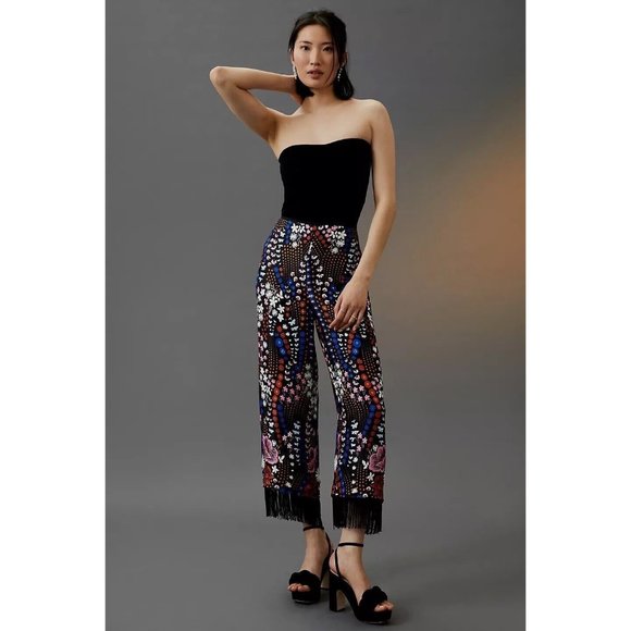 Maeve Pants - NWT $180 Maeve Floral Printed Wide-Leg Fringe Pants Sz 2 Z183-101